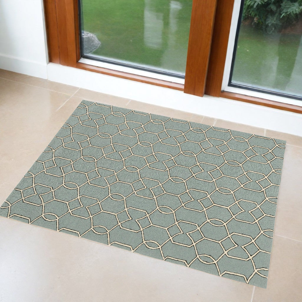 5' X 7' Green and Ivory Geometric Hand Hooked Area Rug-Area Rugs-DECOROLALA