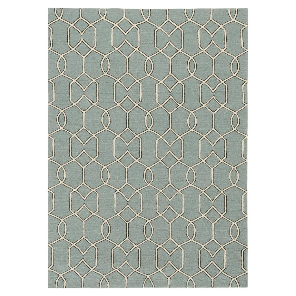 5' X 7' Green and Ivory Geometric Hand Hooked Area Rug-Area Rugs-DECOROLALA