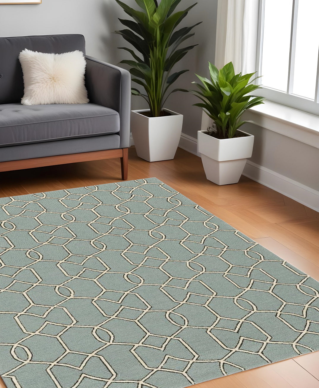 5' X 7' Green and Ivory Geometric Hand Hooked Area Rug-Area Rugs-DECOROLALA