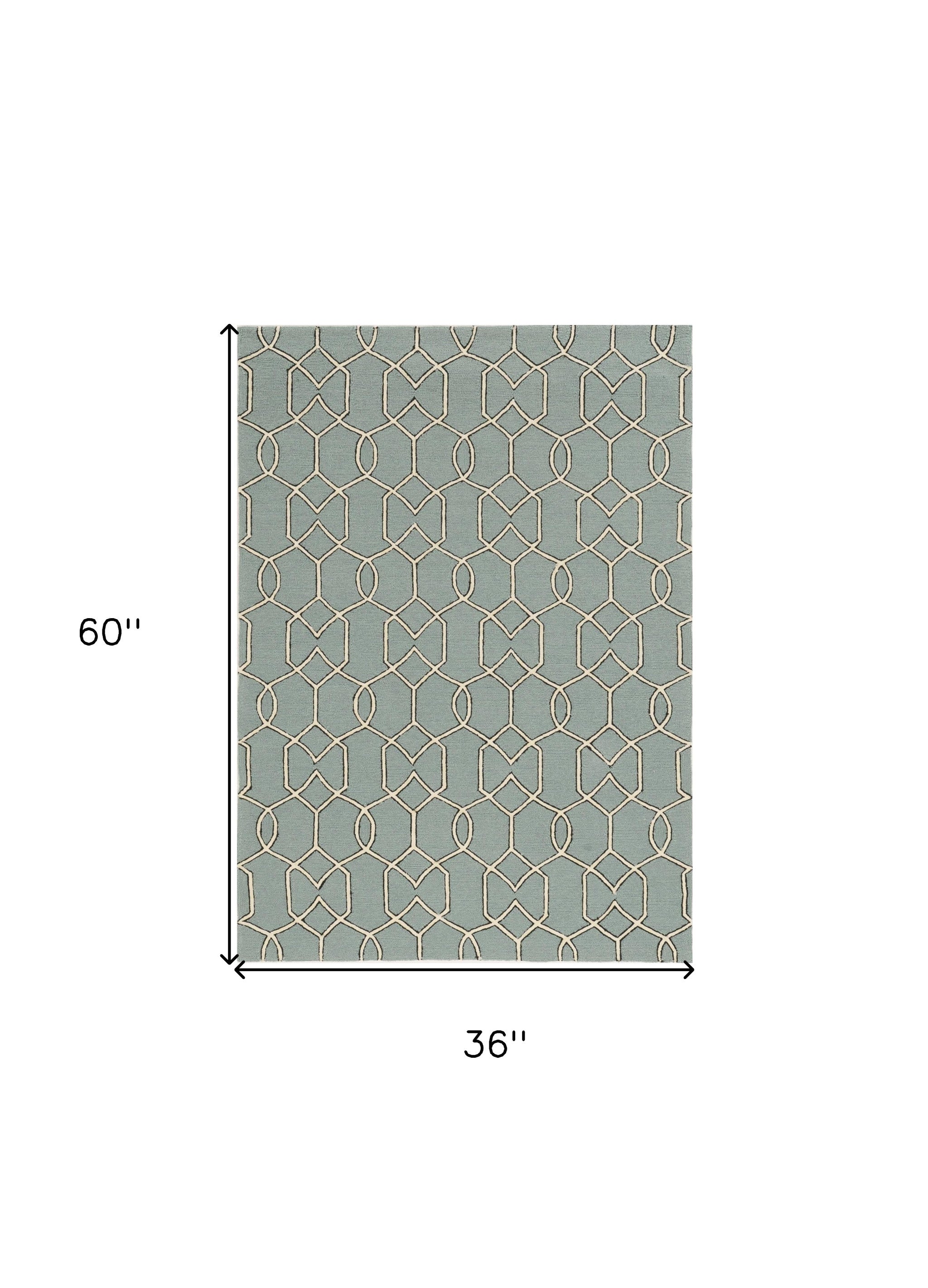 5' X 7' Green and Ivory Geometric Hand Hooked Area Rug-Area Rugs-DECOROLALA