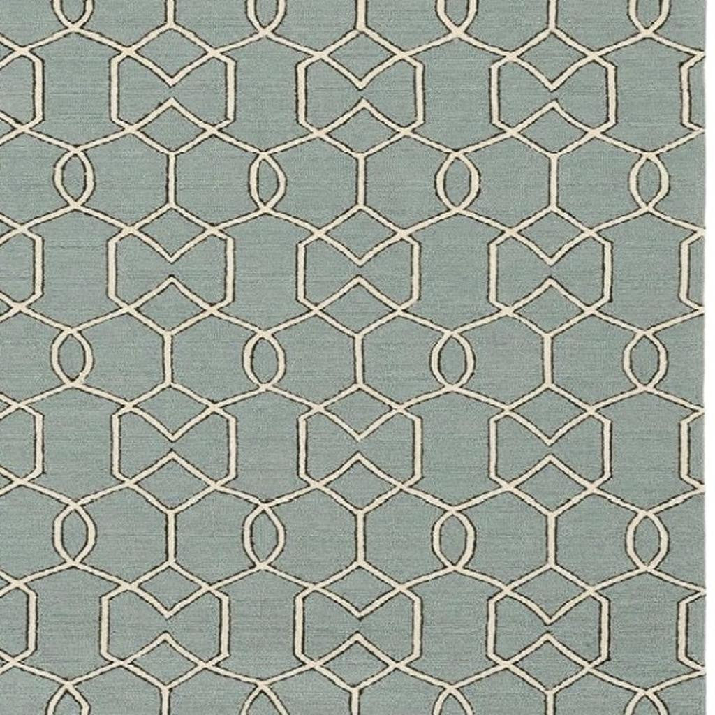 5' X 7' Green and Ivory Geometric Hand Hooked Area Rug-Area Rugs-DECOROLALA