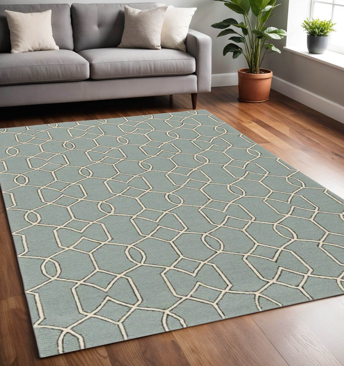 5' X 7' Green and Ivory Geometric Hand Hooked Area Rug-Area Rugs-DECOROLALA