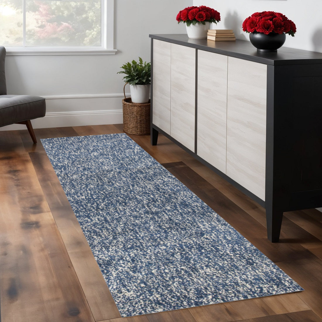 5' X 7' Indigo And Ivory Abstract Hand Woven Area Rug-Area Rugs-DECOROLALA