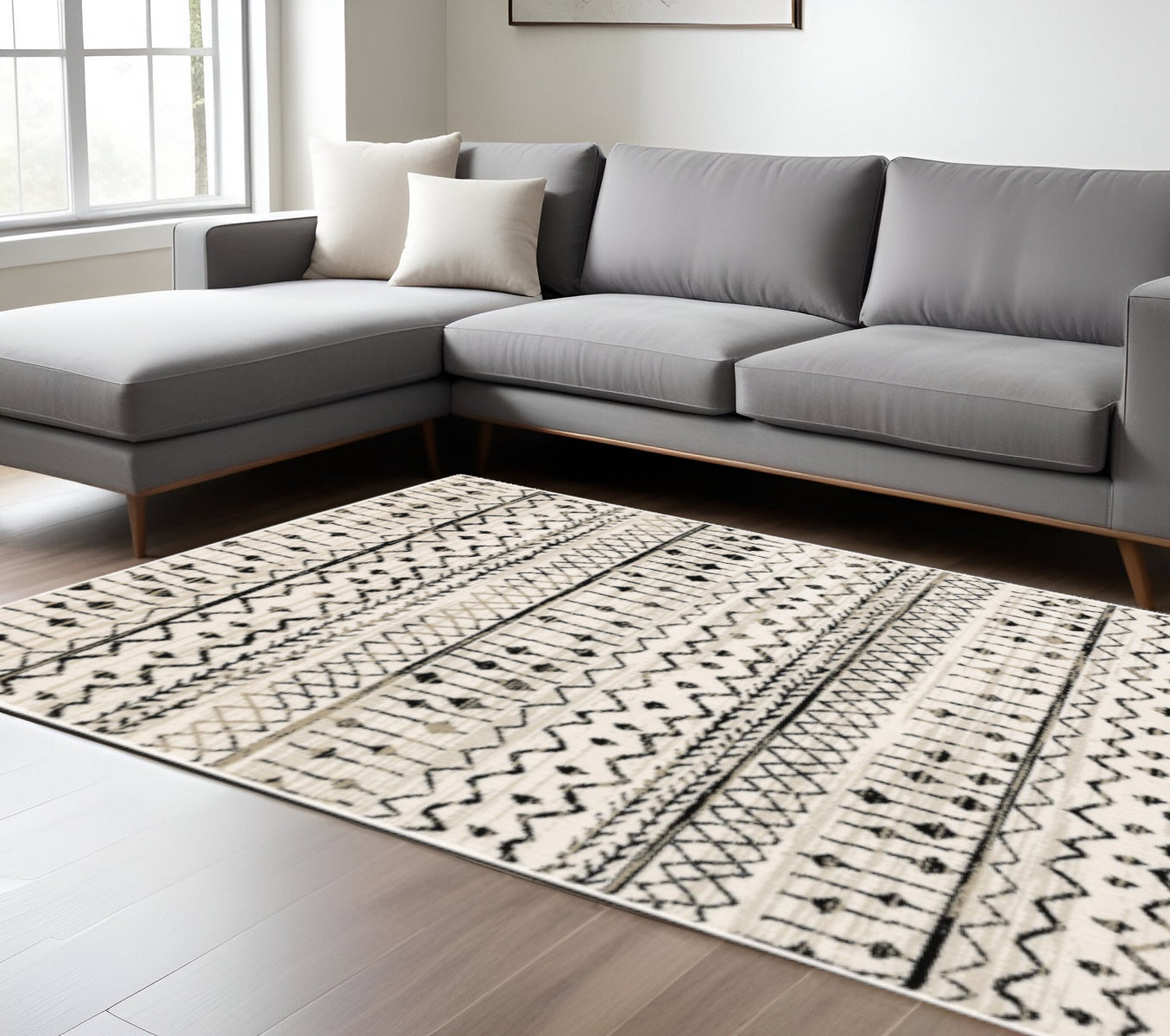 5' X 7' Ivory And Black Abstract Geometric Distressed Area Rug-Area Rugs-DECOROLALA