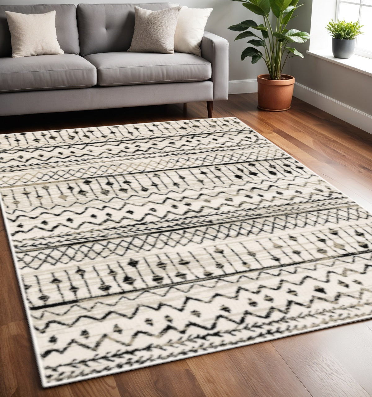 5' X 7' Ivory And Black Abstract Geometric Distressed Area Rug-Area Rugs-DECOROLALA