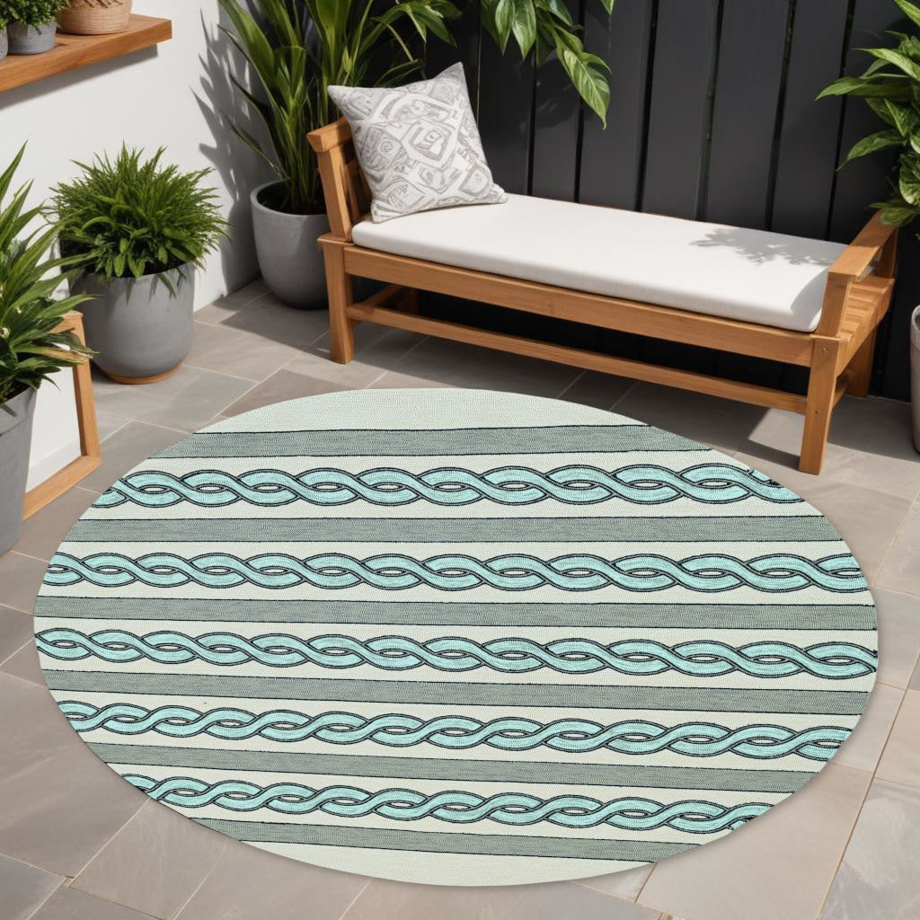 5' X 7' Ivory And Blue Abstract Handmade Indoor Outdoor Area Rug-Outdoor Rugs-DECOROLALA