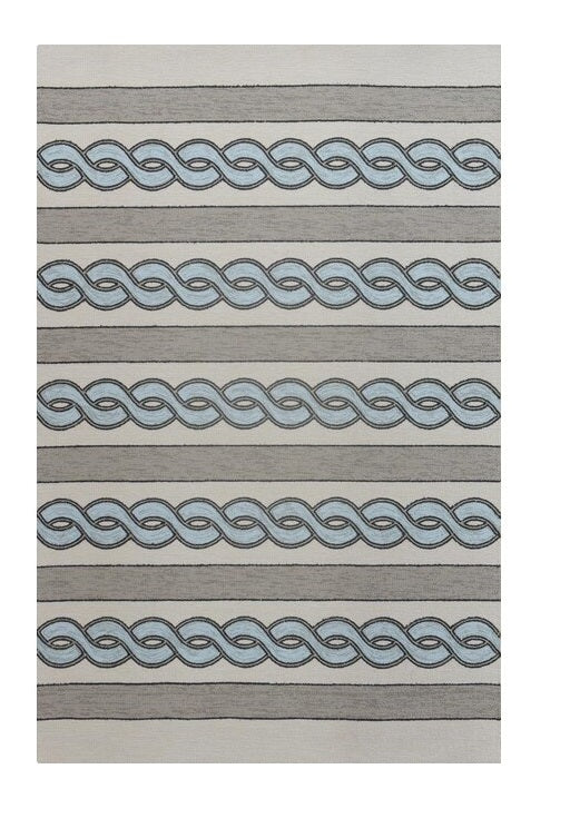 5' X 7' Ivory And Blue Abstract Handmade Indoor Outdoor Area Rug-Outdoor Rugs-DECOROLALA