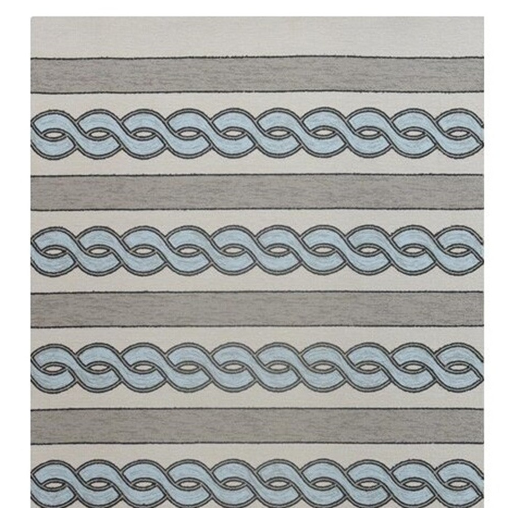 5' X 7' Ivory And Blue Abstract Handmade Indoor Outdoor Area Rug-Outdoor Rugs-DECOROLALA