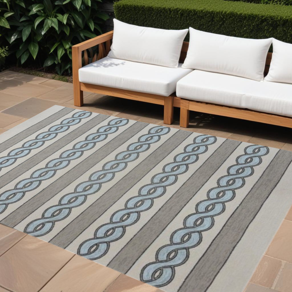 5' X 7' Ivory And Blue Abstract Handmade Indoor Outdoor Area Rug-Outdoor Rugs-DECOROLALA