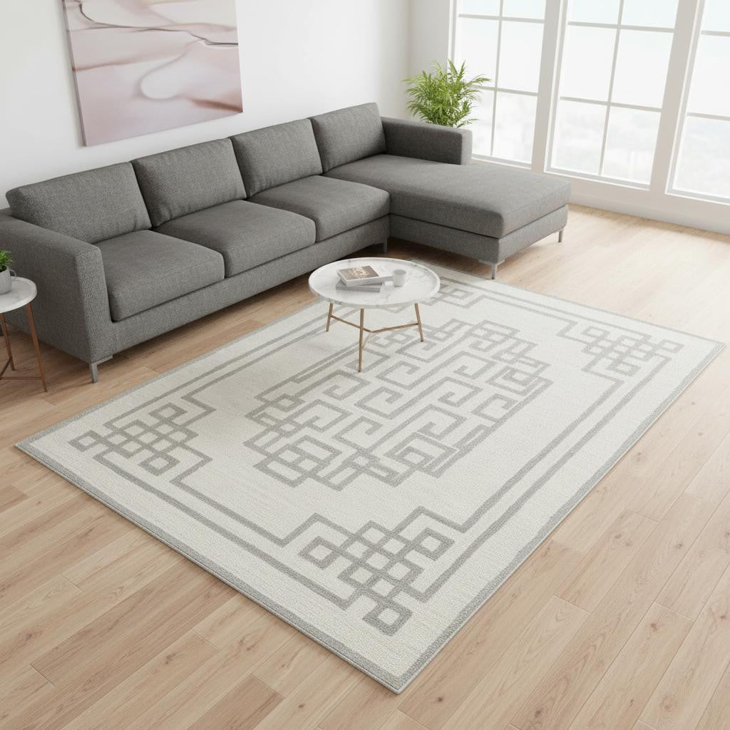 5' X 7' Ivory And Gray Wool Geometric Hand Tufted Area Rug-Area Rugs-DECOROLALA