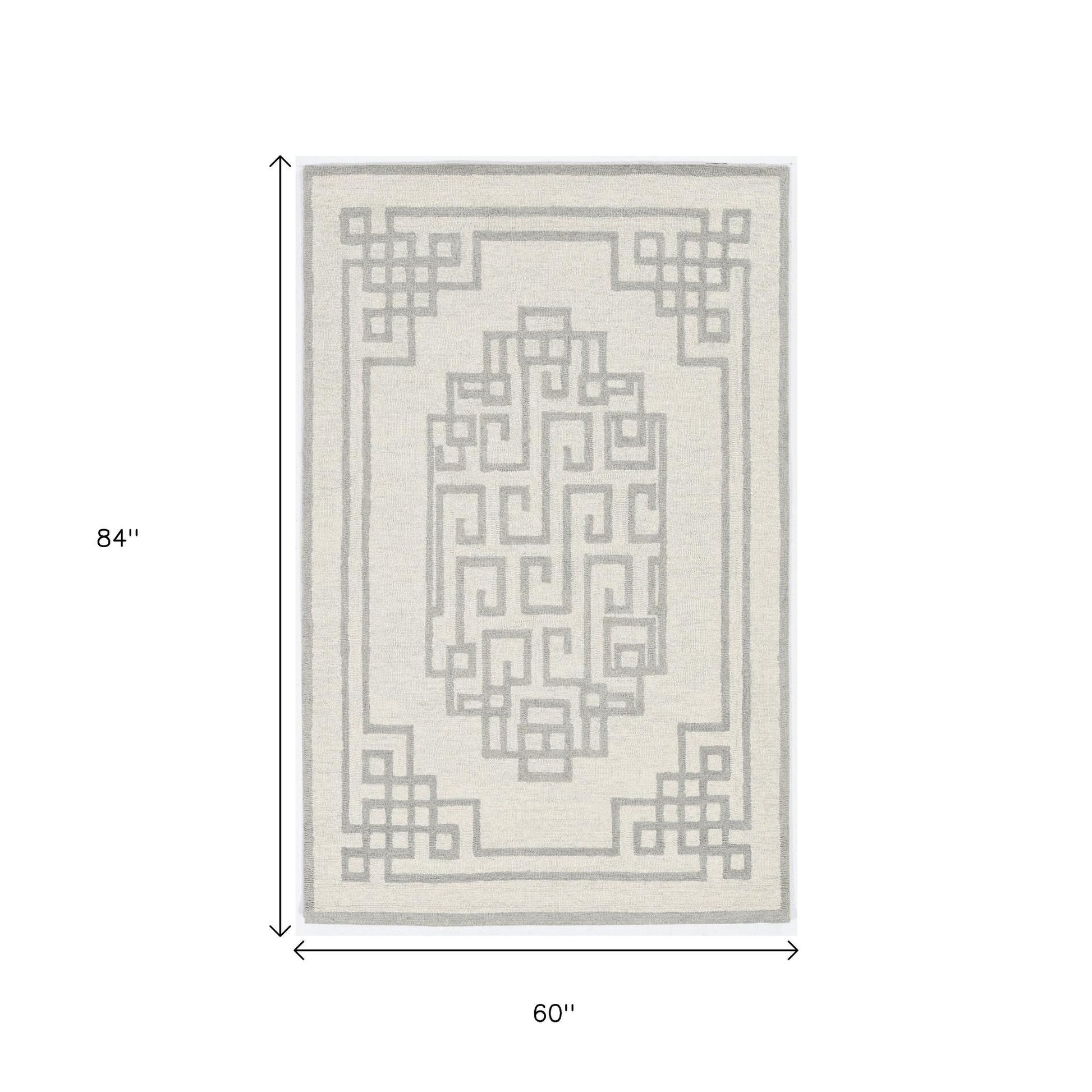 5' X 7' Ivory And Gray Wool Geometric Hand Tufted Area Rug-Area Rugs-DECOROLALA