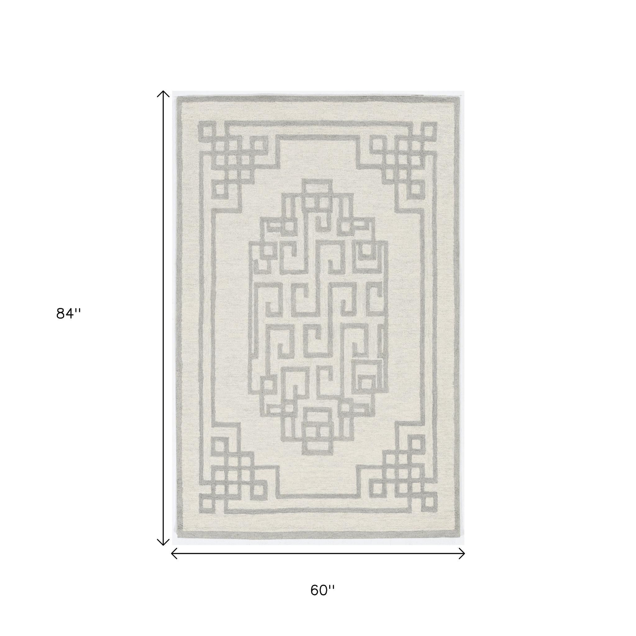 5' X 7' Ivory And Gray Wool Geometric Hand Tufted Area Rug-Area Rugs-DECOROLALA