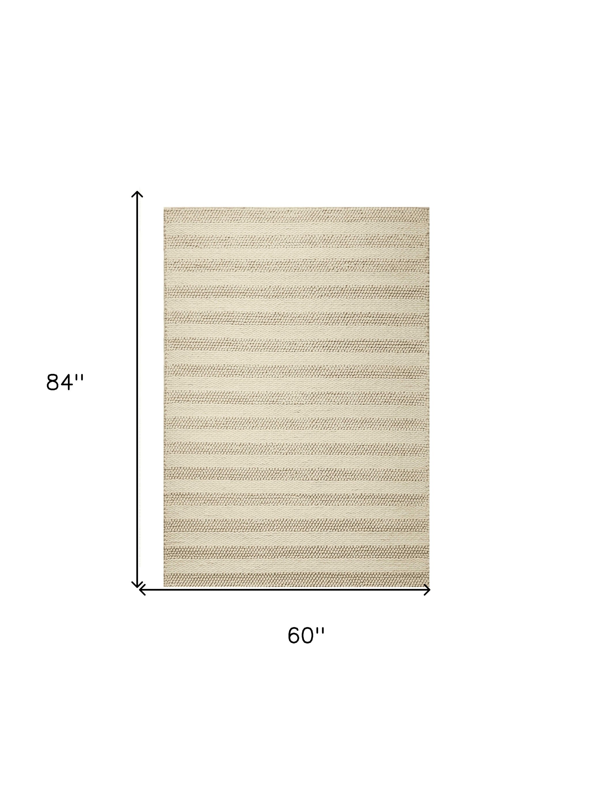 5' X 7' Ivory And White New Zealand Lambs Wool Striped Hand Woven Area Rug-Area Rugs-DECOROLALA