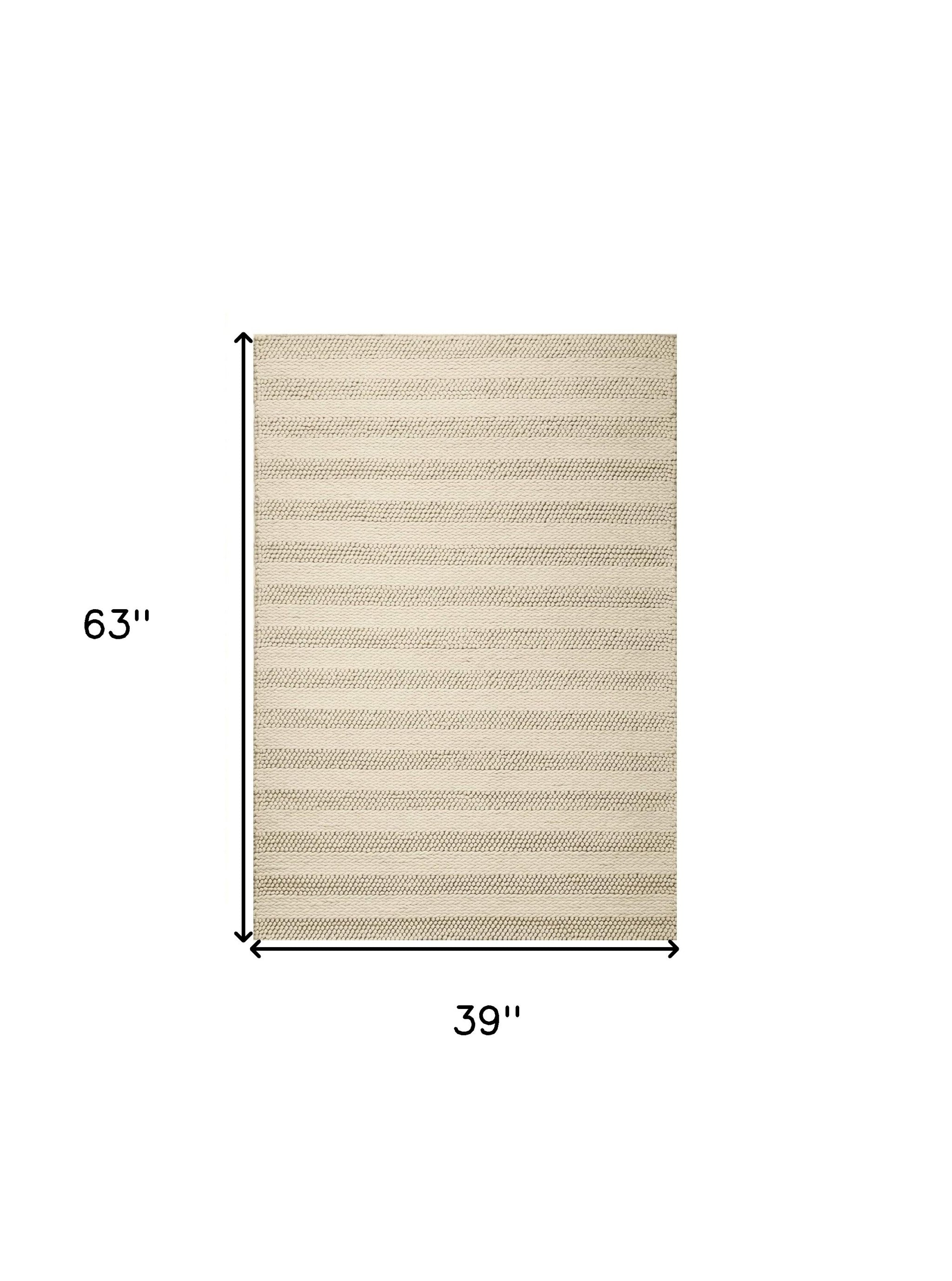 5' X 7' Ivory And White New Zealand Lambs Wool Striped Hand Woven Area Rug-Area Rugs-DECOROLALA