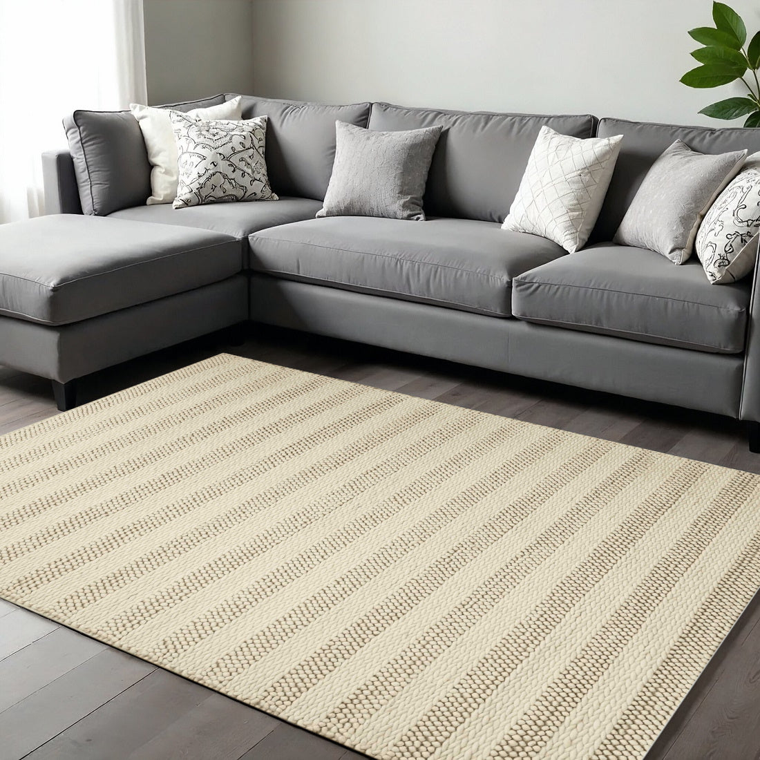 5' X 7' Ivory And White New Zealand Lambs Wool Striped Hand Woven Area Rug-Area Rugs-DECOROLALA