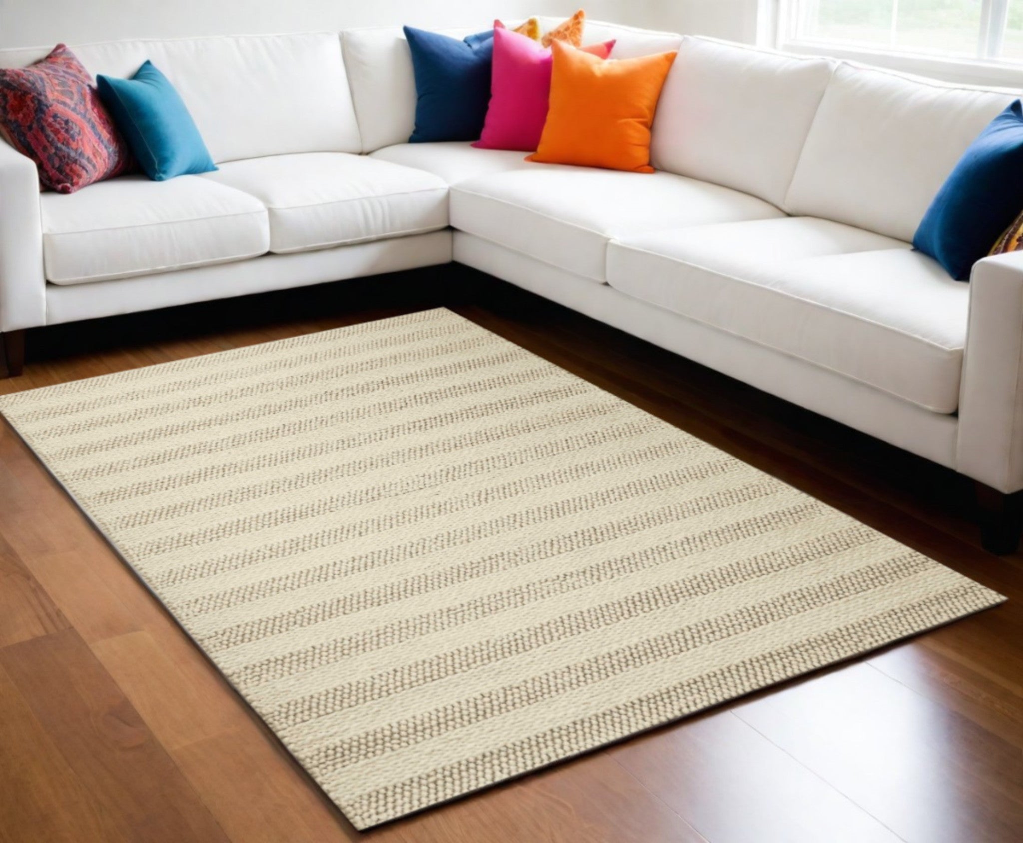 5' X 7' Ivory And White New Zealand Lambs Wool Striped Hand Woven Area Rug-Area Rugs-DECOROLALA
