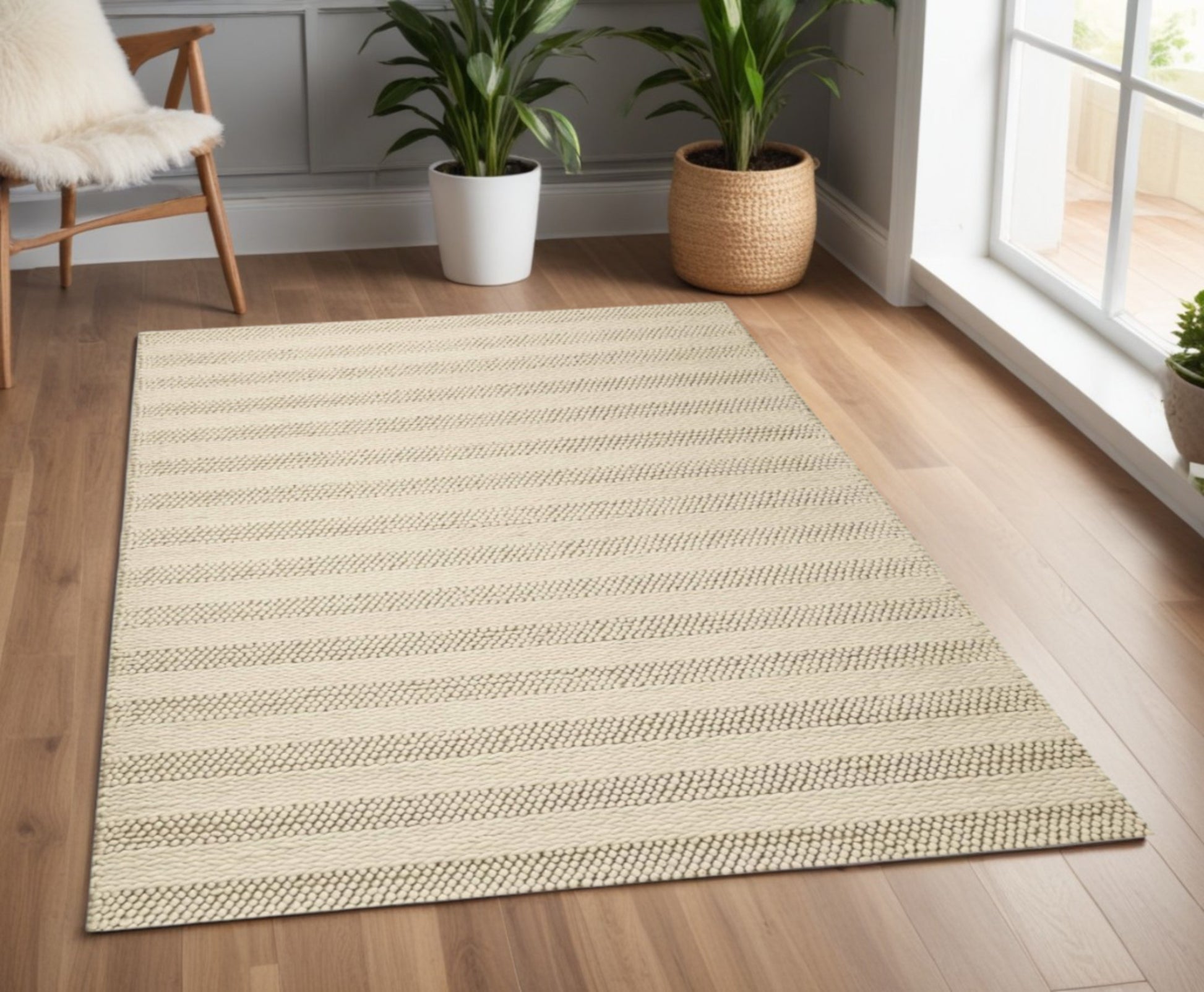 5' X 7' Ivory And White New Zealand Lambs Wool Striped Hand Woven Area Rug-Area Rugs-DECOROLALA