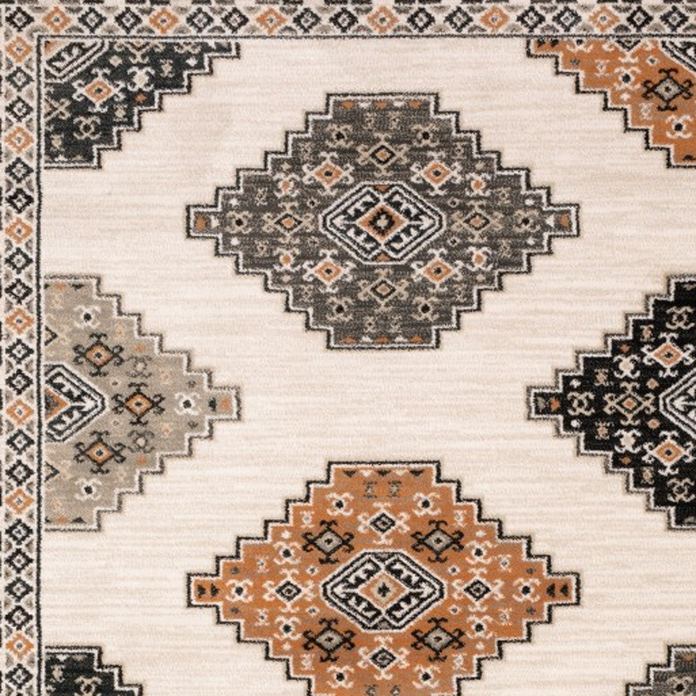 5' X 7' Ivory Gray And Orange Geometric Distressed Area Rug-Area Rugs-DECOROLALA