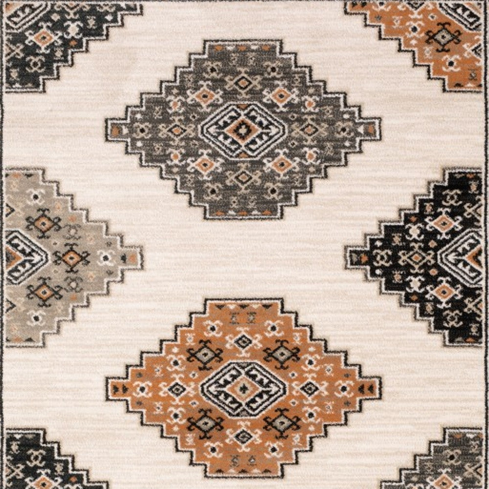 5' X 7' Ivory Gray And Orange Geometric Distressed Area Rug-Area Rugs-DECOROLALA
