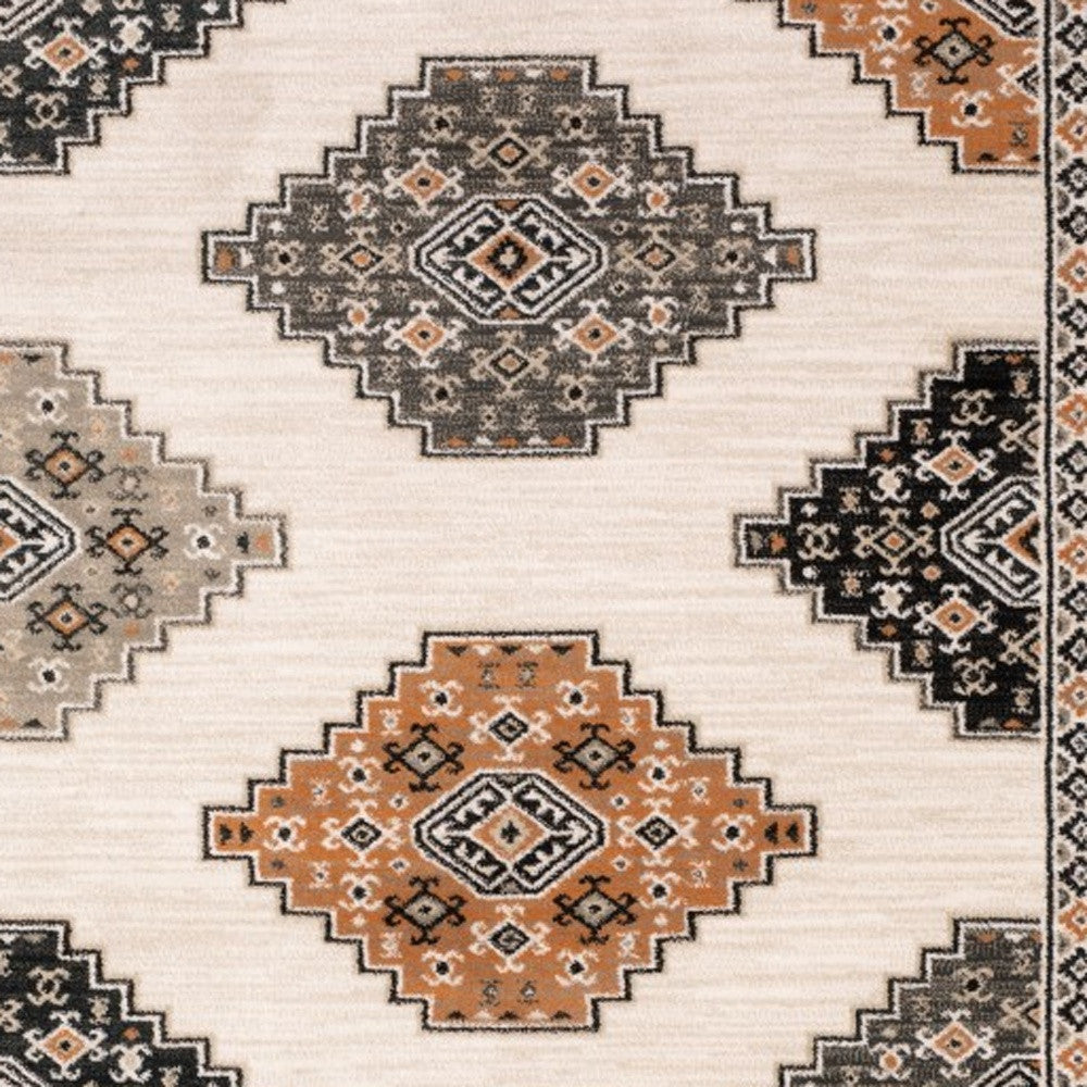 5' X 7' Ivory Gray And Orange Geometric Distressed Area Rug-Area Rugs-DECOROLALA