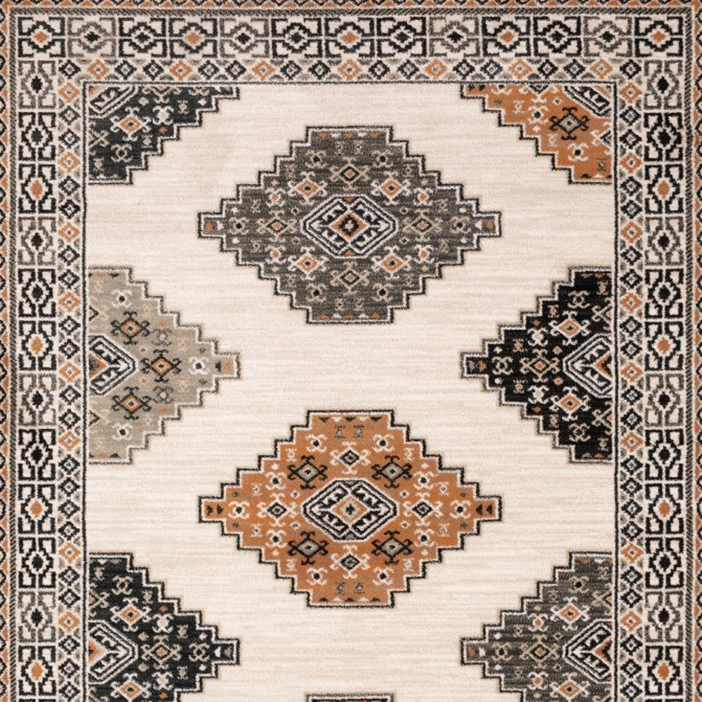 5' X 7' Ivory Gray And Orange Geometric Distressed Area Rug-Area Rugs-DECOROLALA