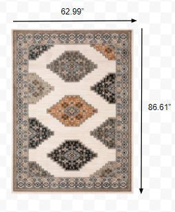 5' X 7' Ivory Gray And Orange Geometric Distressed Area Rug-Area Rugs-DECOROLALA