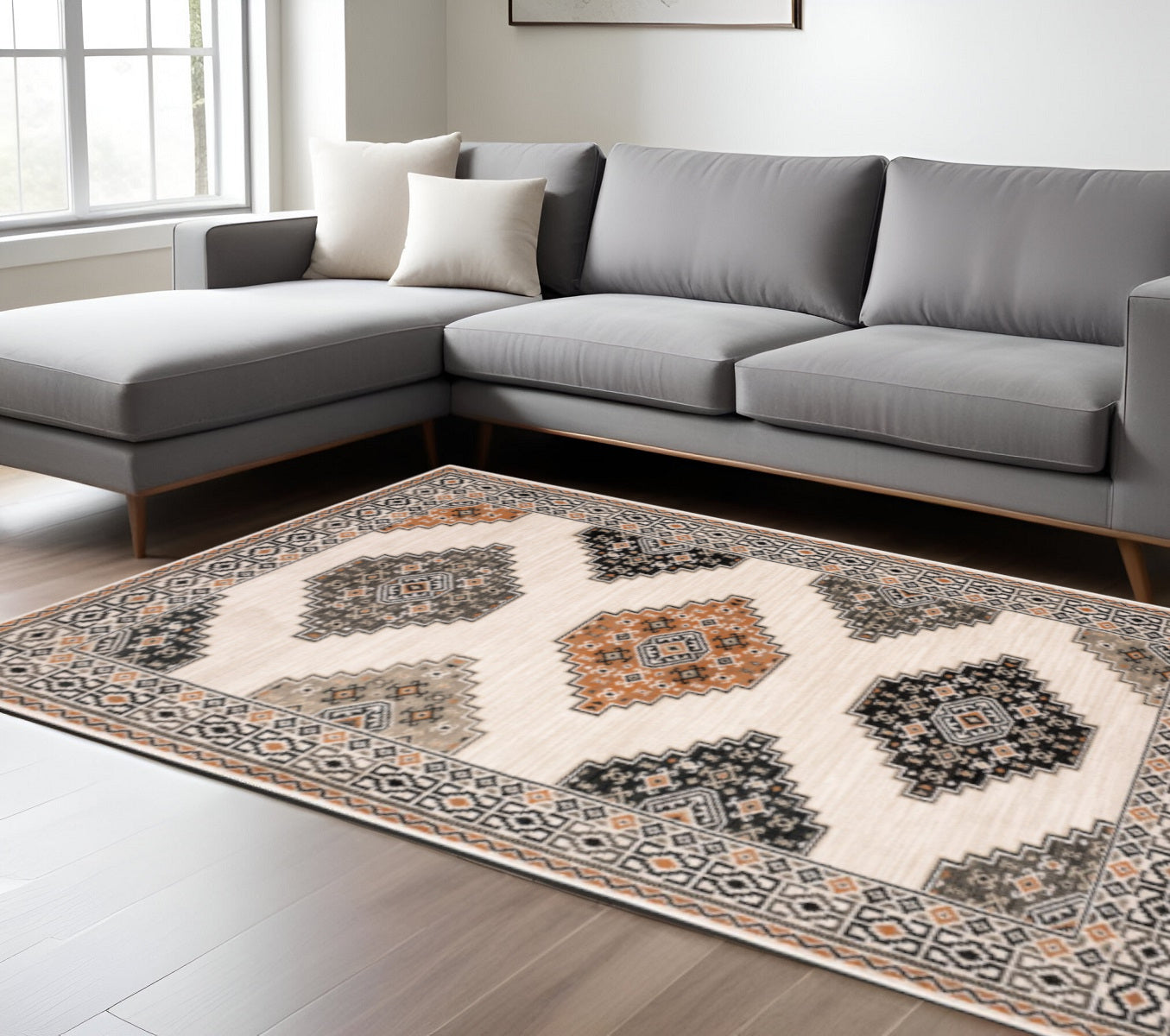 5' X 7' Ivory Gray And Orange Geometric Distressed Area Rug-Area Rugs-DECOROLALA