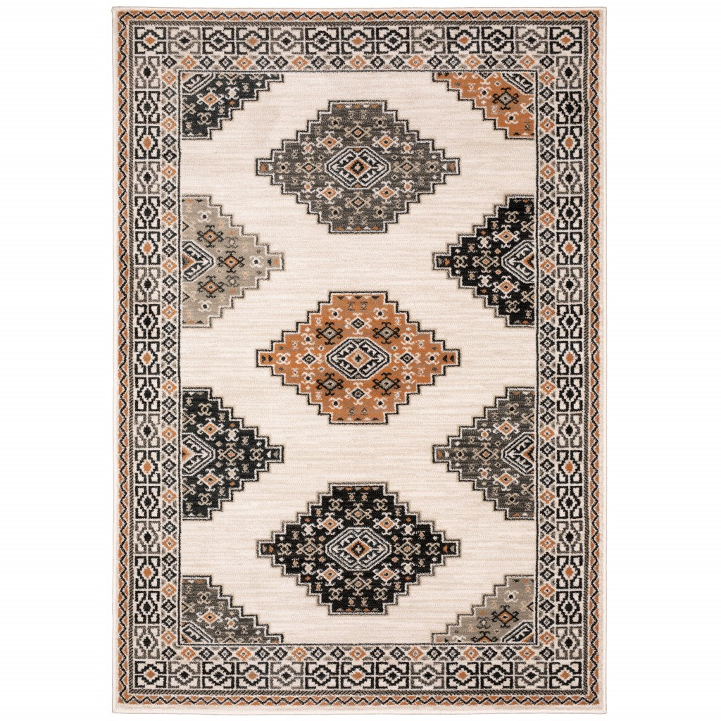 5' X 7' Ivory Gray And Orange Geometric Distressed Area Rug-Area Rugs-DECOROLALA