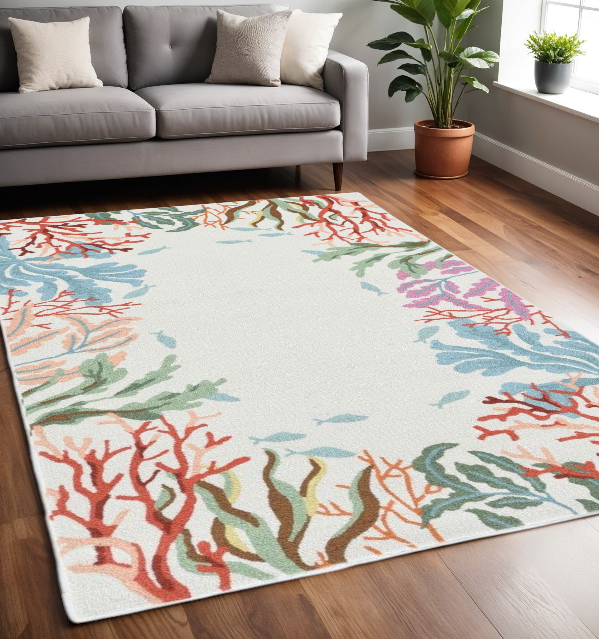 5' X 7' Ivory Red And Pink Fish and Coral Hand Tufted Area Rug-Area Rugs-DECOROLALA
