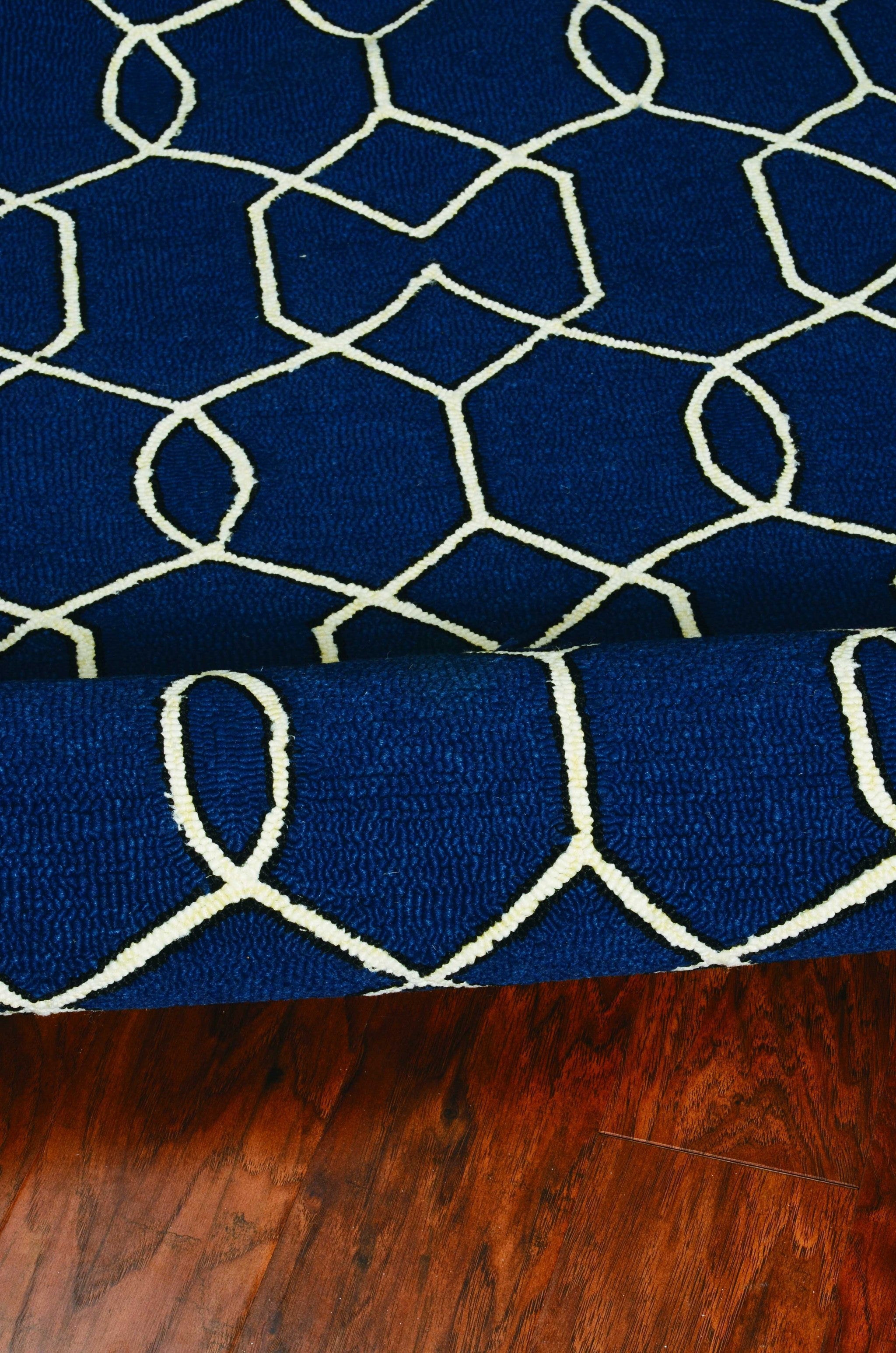 5' X 7' Navy Blue And Ivory Geometric Hand Hooked Area Rug-Area Rugs-DECOROLALA