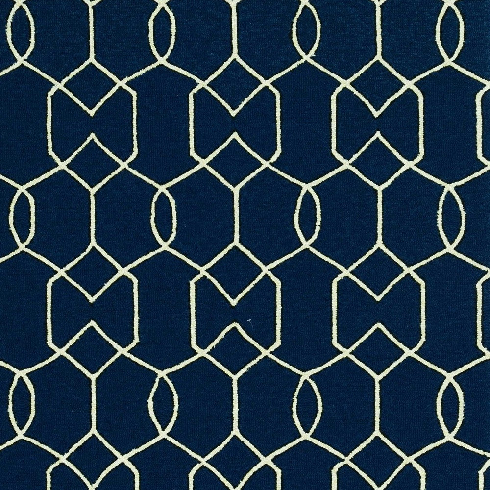 5' X 7' Navy Blue And Ivory Geometric Hand Hooked Area Rug-Area Rugs-DECOROLALA