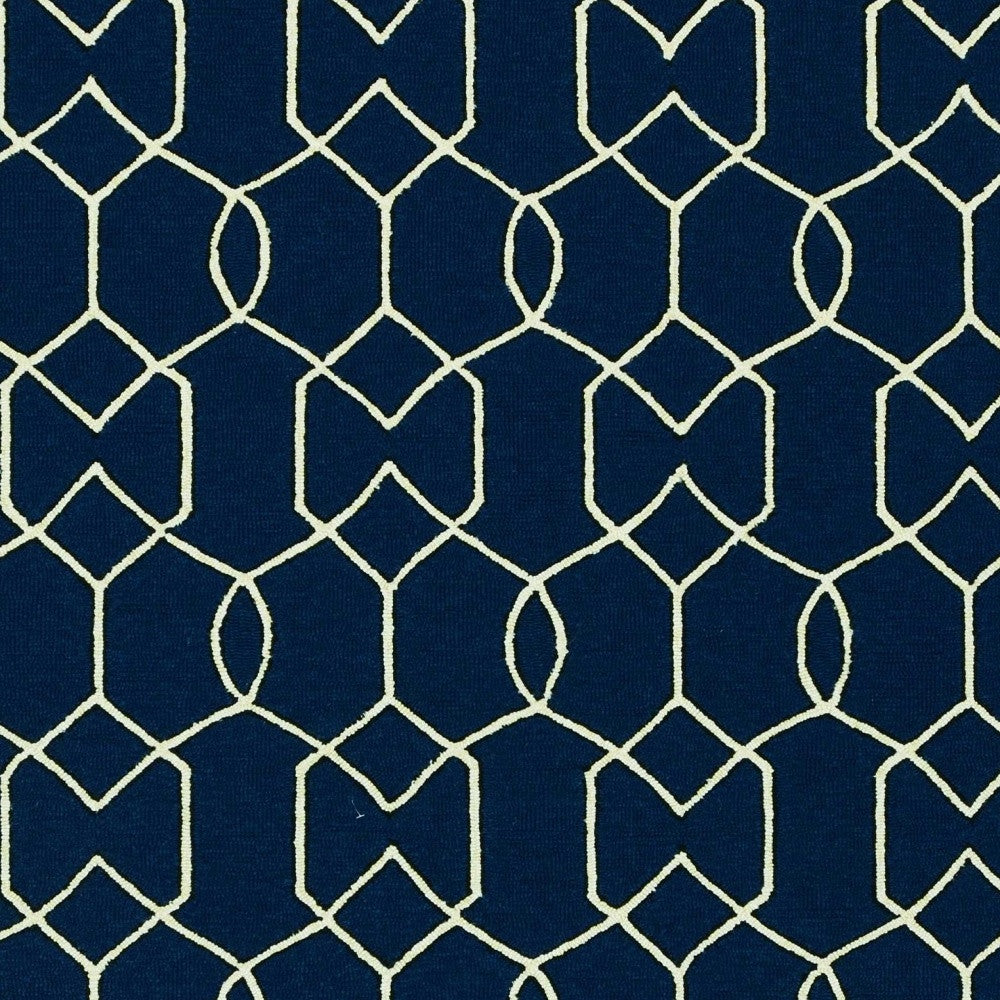 5' X 7' Navy Blue And Ivory Geometric Hand Hooked Area Rug-Area Rugs-DECOROLALA