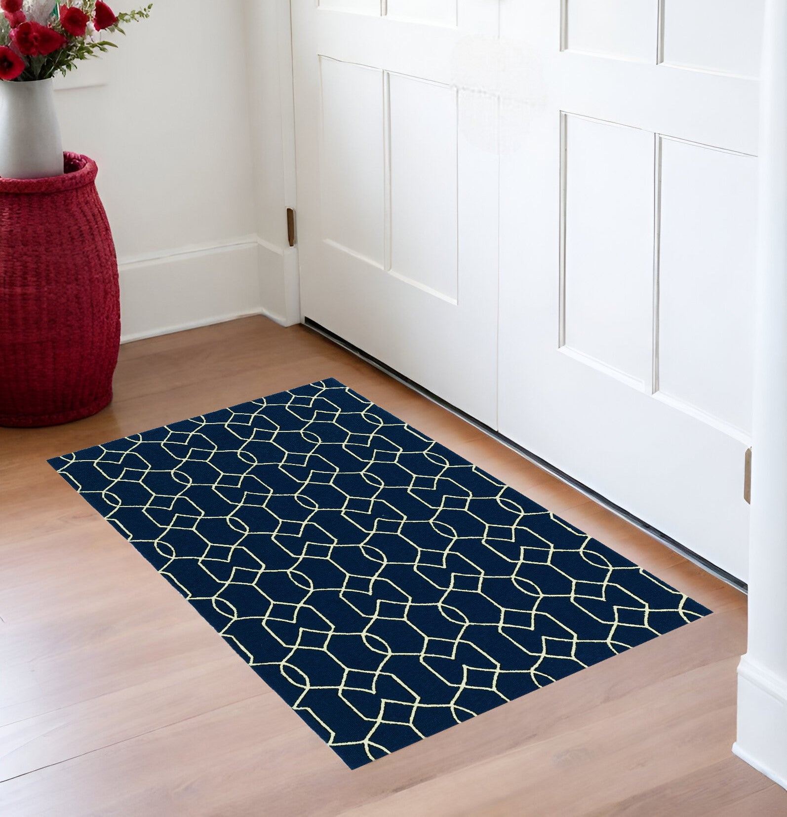 5' X 7' Navy Blue And Ivory Geometric Hand Hooked Area Rug-Area Rugs-DECOROLALA