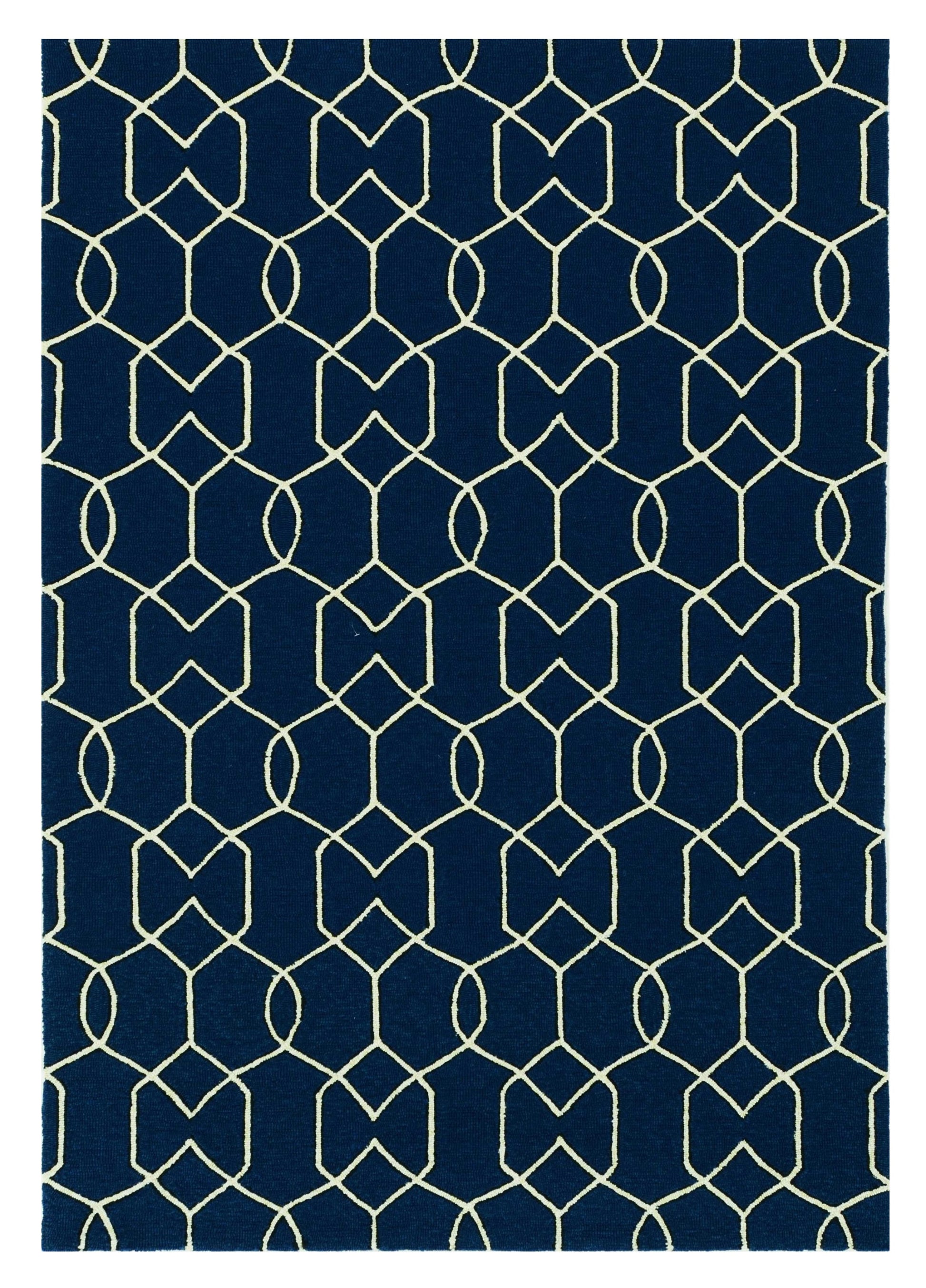 5' X 7' Navy Blue And Ivory Geometric Hand Hooked Area Rug-Area Rugs-DECOROLALA