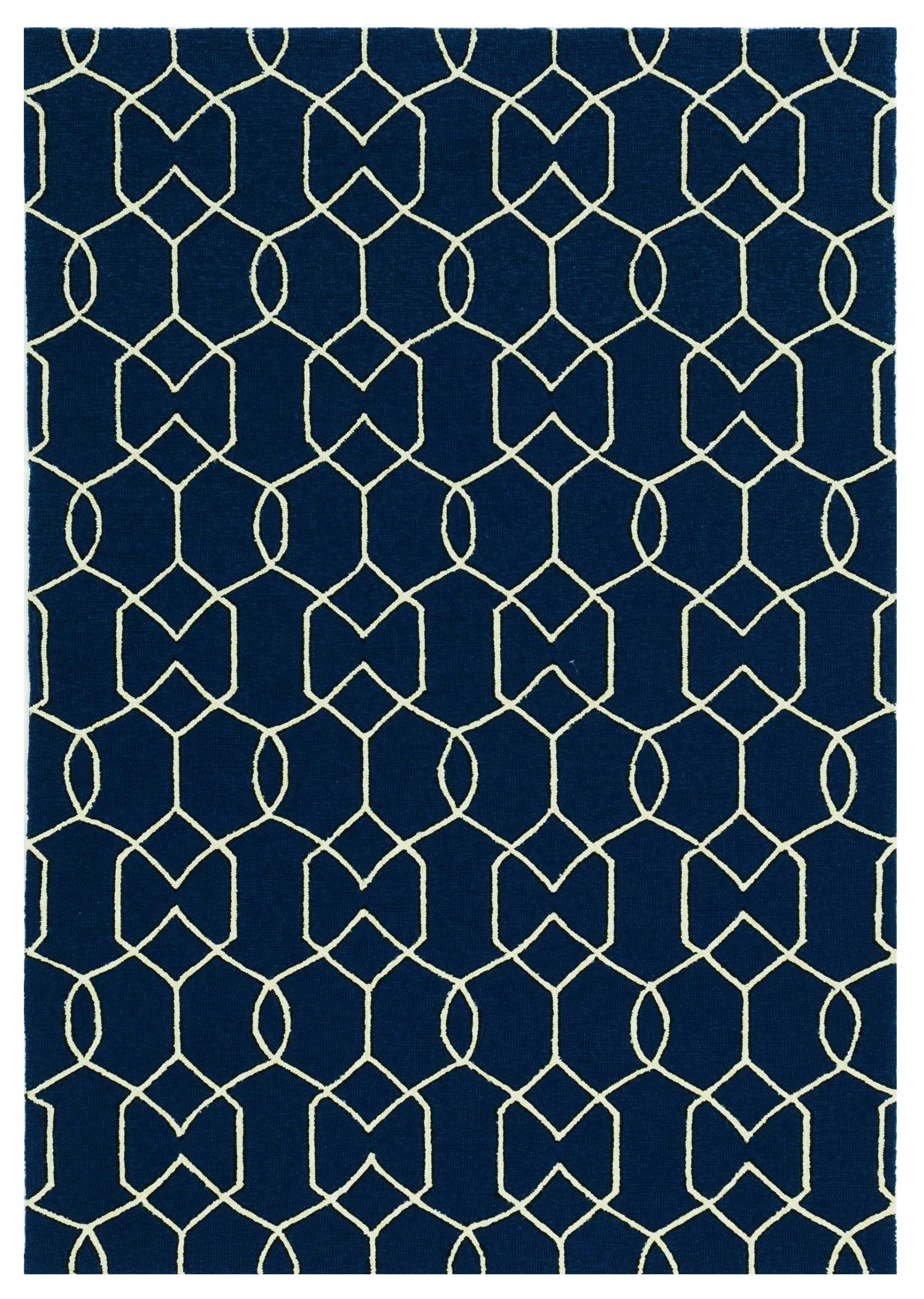 5' X 7' Navy Blue And Ivory Geometric Hand Hooked Area Rug-Area Rugs-DECOROLALA
