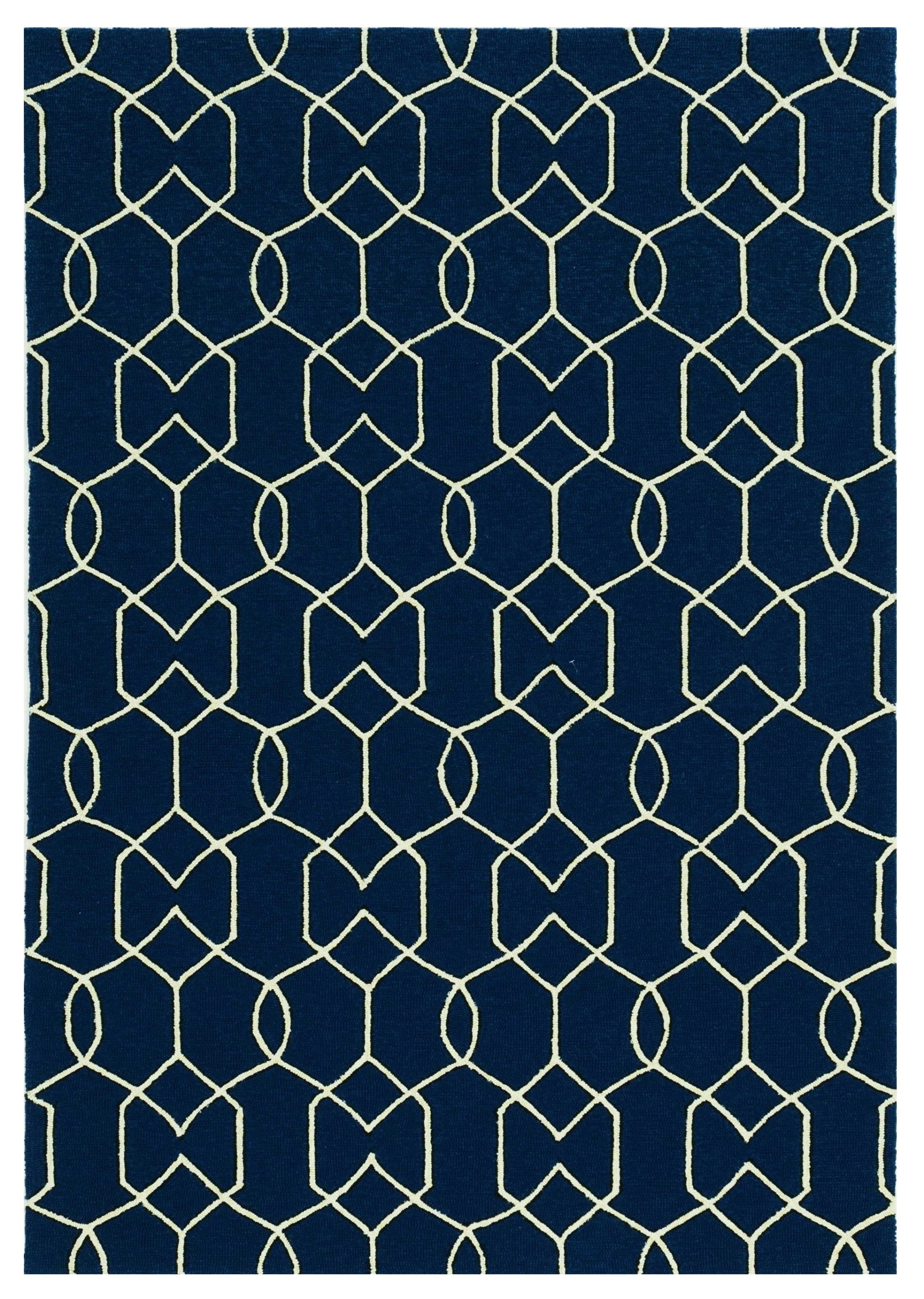 5' X 7' Navy Blue And Ivory Geometric Hand Hooked Area Rug-Area Rugs-DECOROLALA