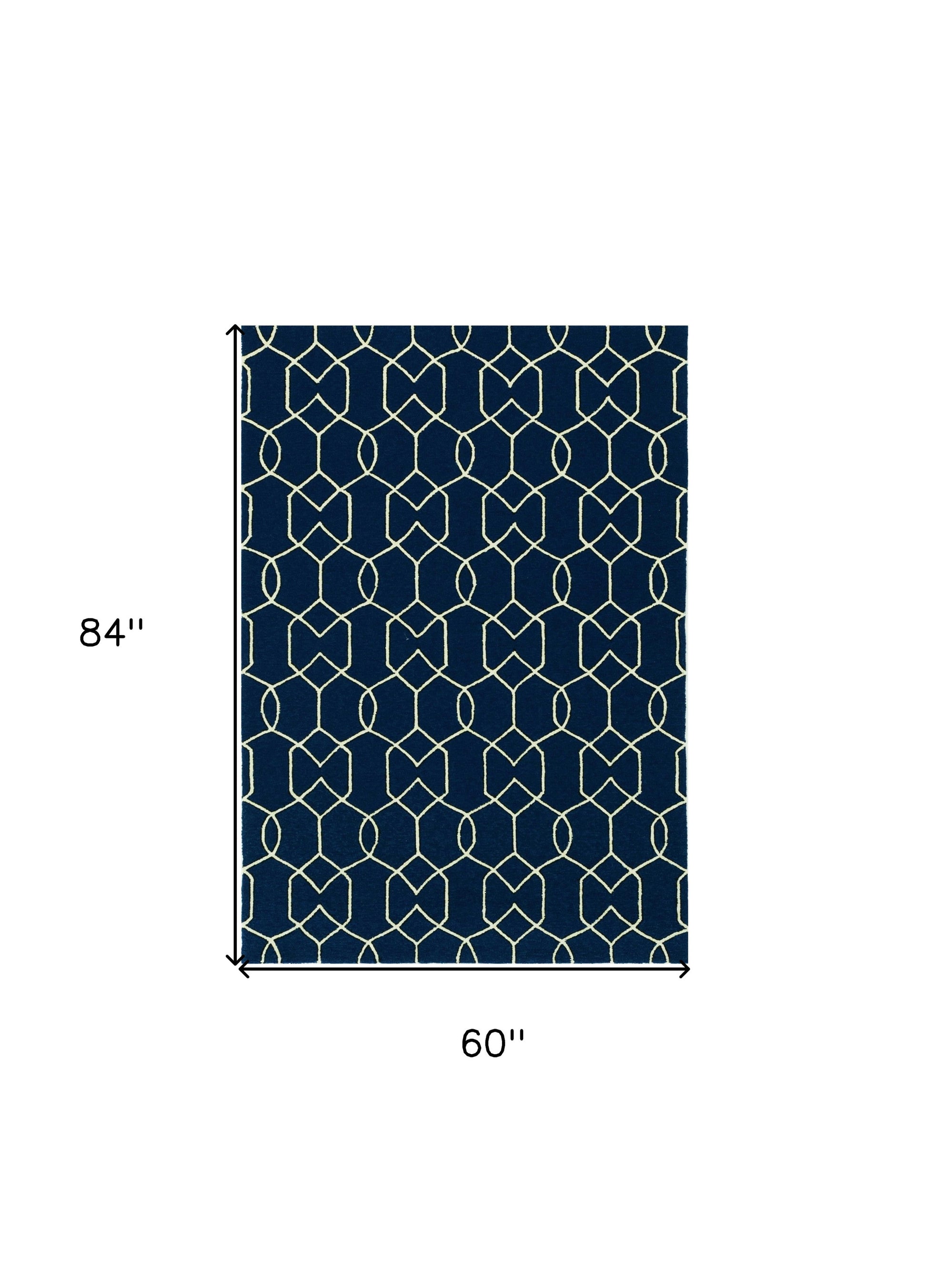 5' X 7' Navy Blue And Ivory Geometric Hand Hooked Area Rug-Area Rugs-DECOROLALA