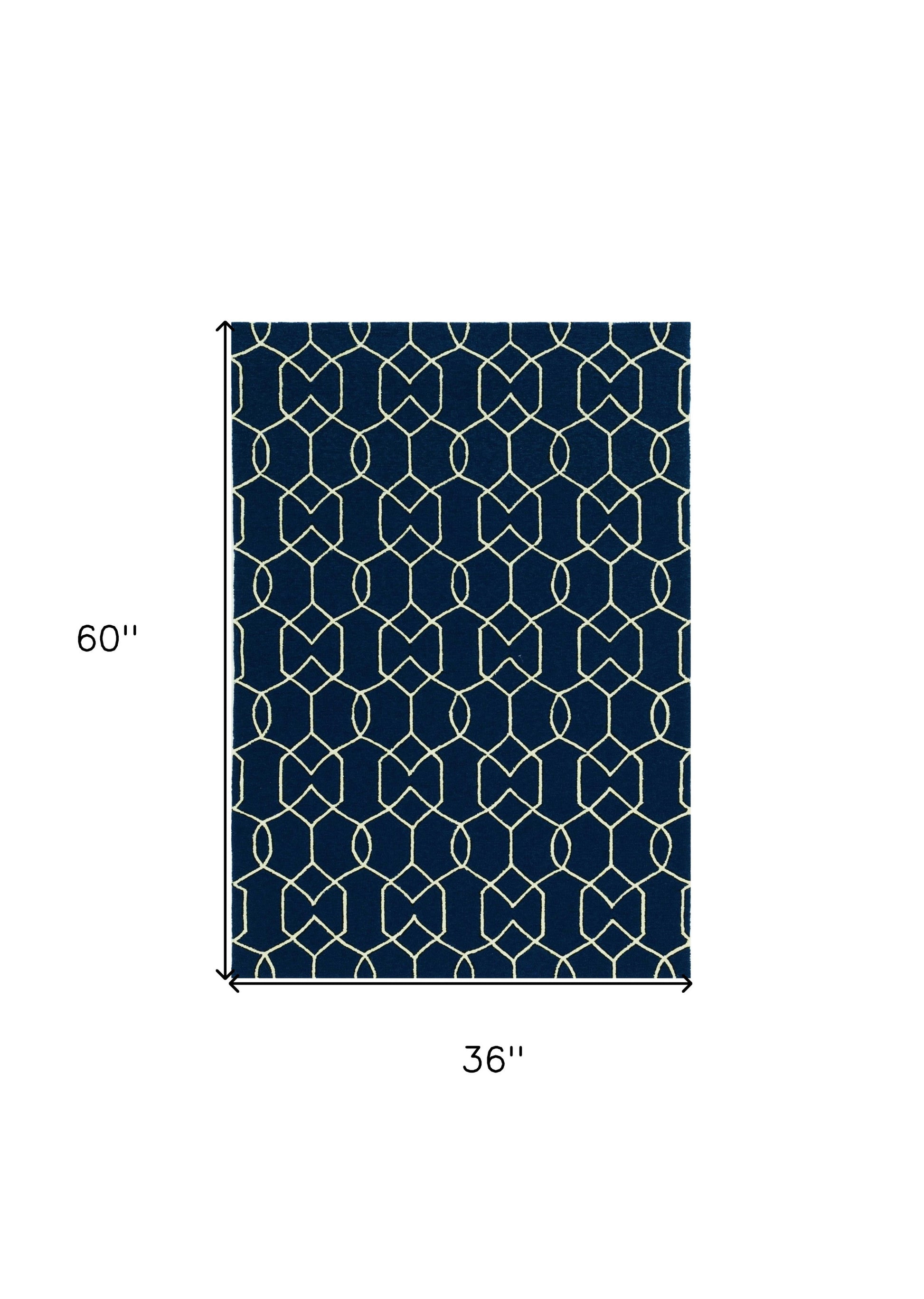 5' X 7' Navy Blue And Ivory Geometric Hand Hooked Area Rug-Area Rugs-DECOROLALA