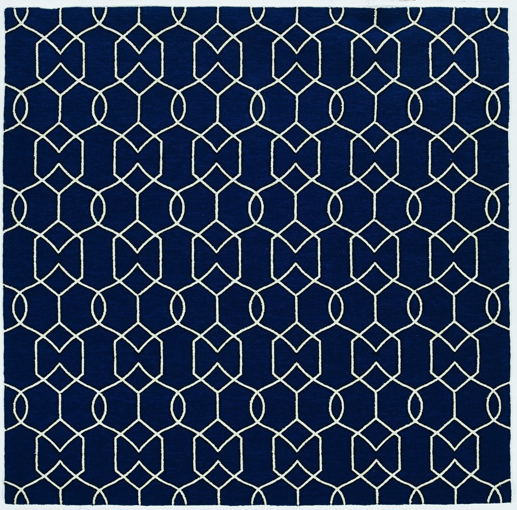 5' X 7' Navy Blue And Ivory Geometric Hand Hooked Area Rug-Area Rugs-DECOROLALA