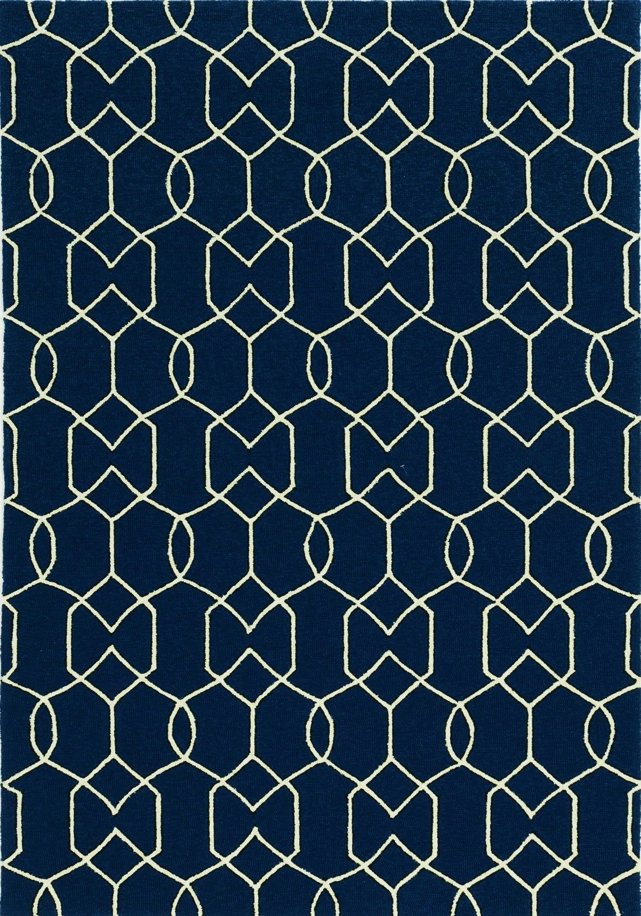 5' X 7' Navy Blue And Ivory Geometric Hand Hooked Area Rug-Area Rugs-DECOROLALA