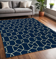 5' X 7' Navy Blue And Ivory Geometric Hand Hooked Area Rug-Area Rugs-DECOROLALA