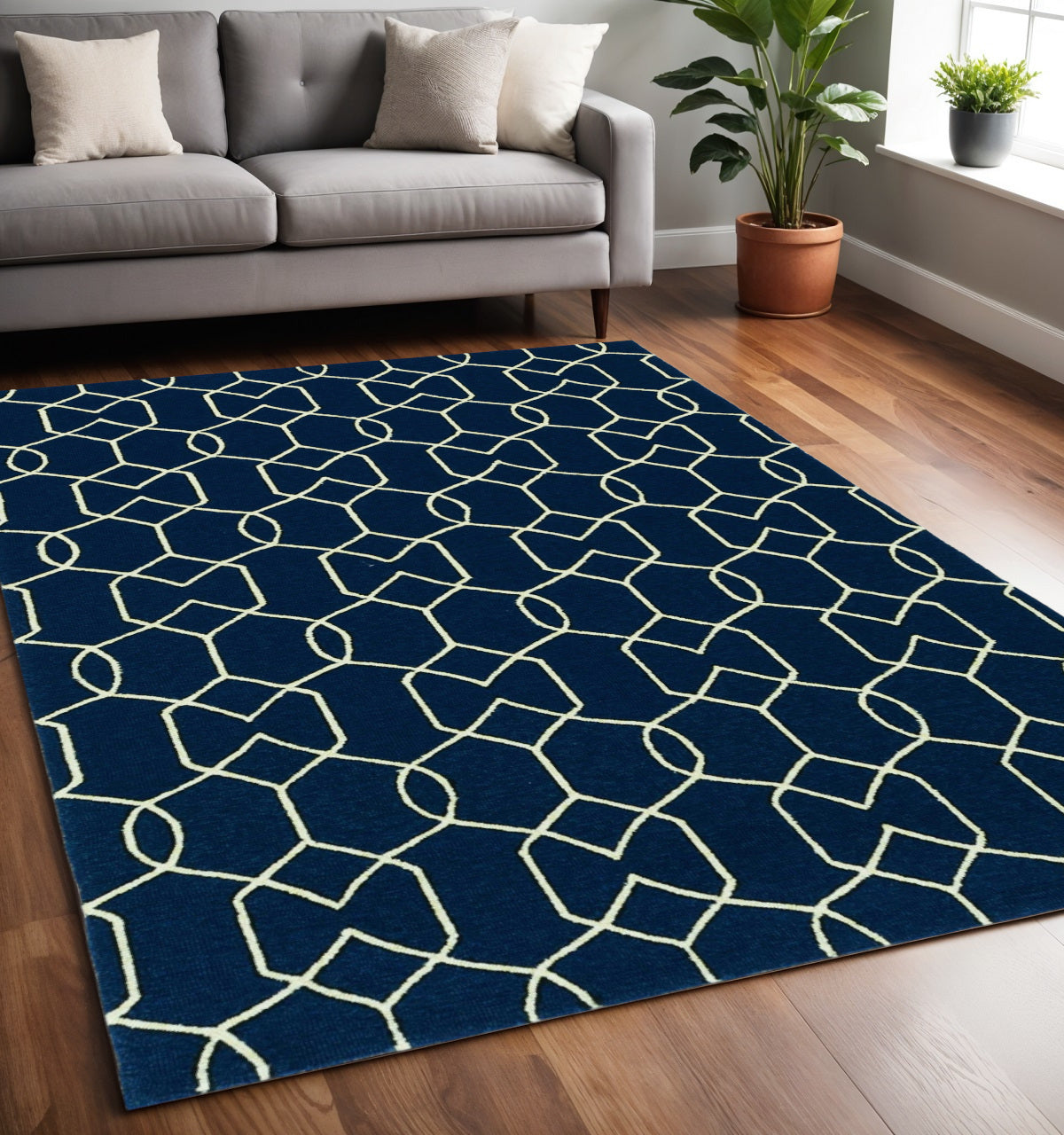 5' X 7' Navy Blue And Ivory Geometric Hand Hooked Area Rug-Area Rugs-DECOROLALA