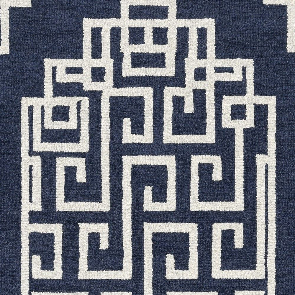 5' X 7' Navy Blue And Ivory Wool Geometric Hand Tufted Area Rug-Area Rugs-DECOROLALA