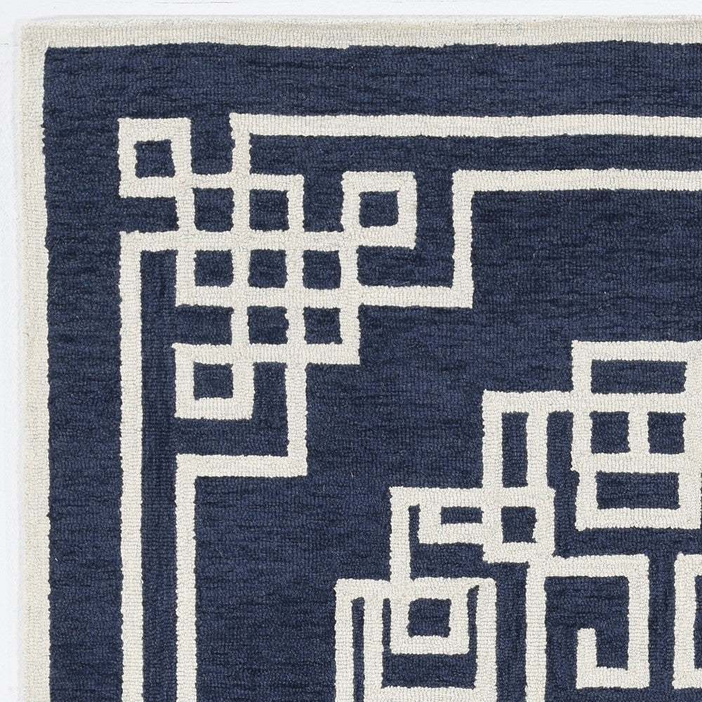 5' X 7' Navy Blue And Ivory Wool Geometric Hand Tufted Area Rug-Area Rugs-DECOROLALA