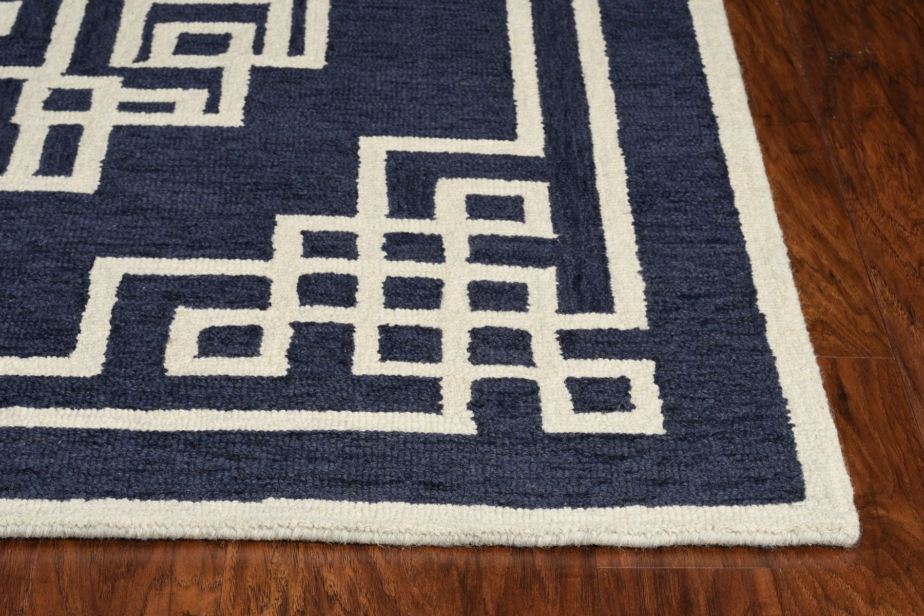 5' X 7' Navy Blue And Ivory Wool Geometric Hand Tufted Area Rug-Area Rugs-DECOROLALA