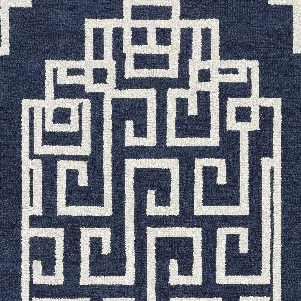 5' X 7' Navy Blue And Ivory Wool Geometric Hand Tufted Area Rug-Area Rugs-DECOROLALA
