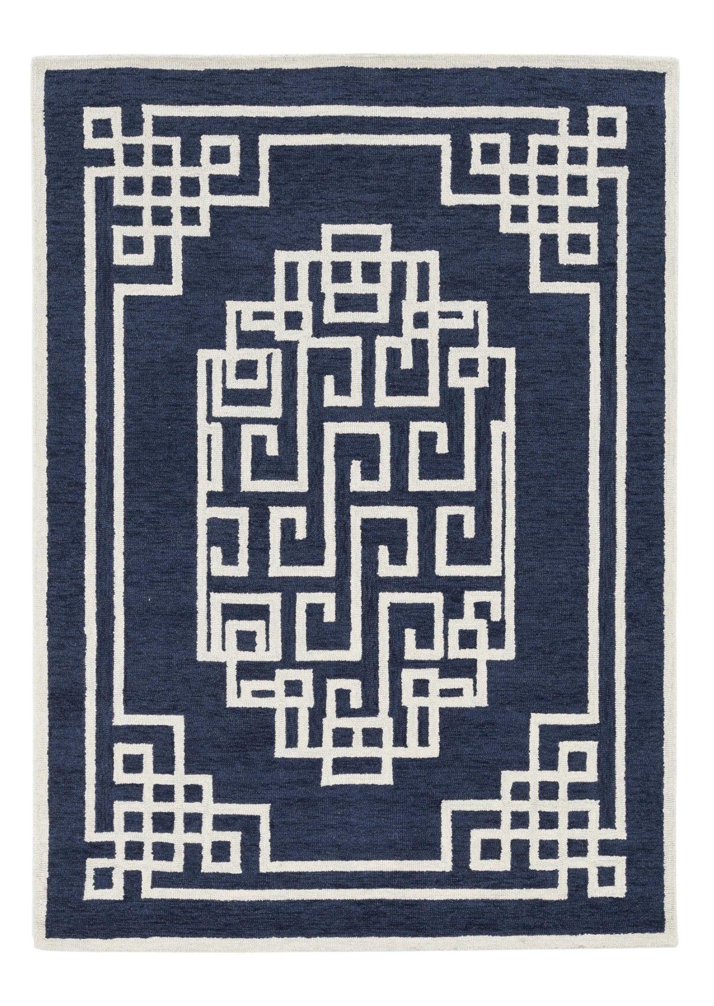 5' X 7' Navy Blue And Ivory Wool Geometric Hand Tufted Area Rug-Area Rugs-DECOROLALA