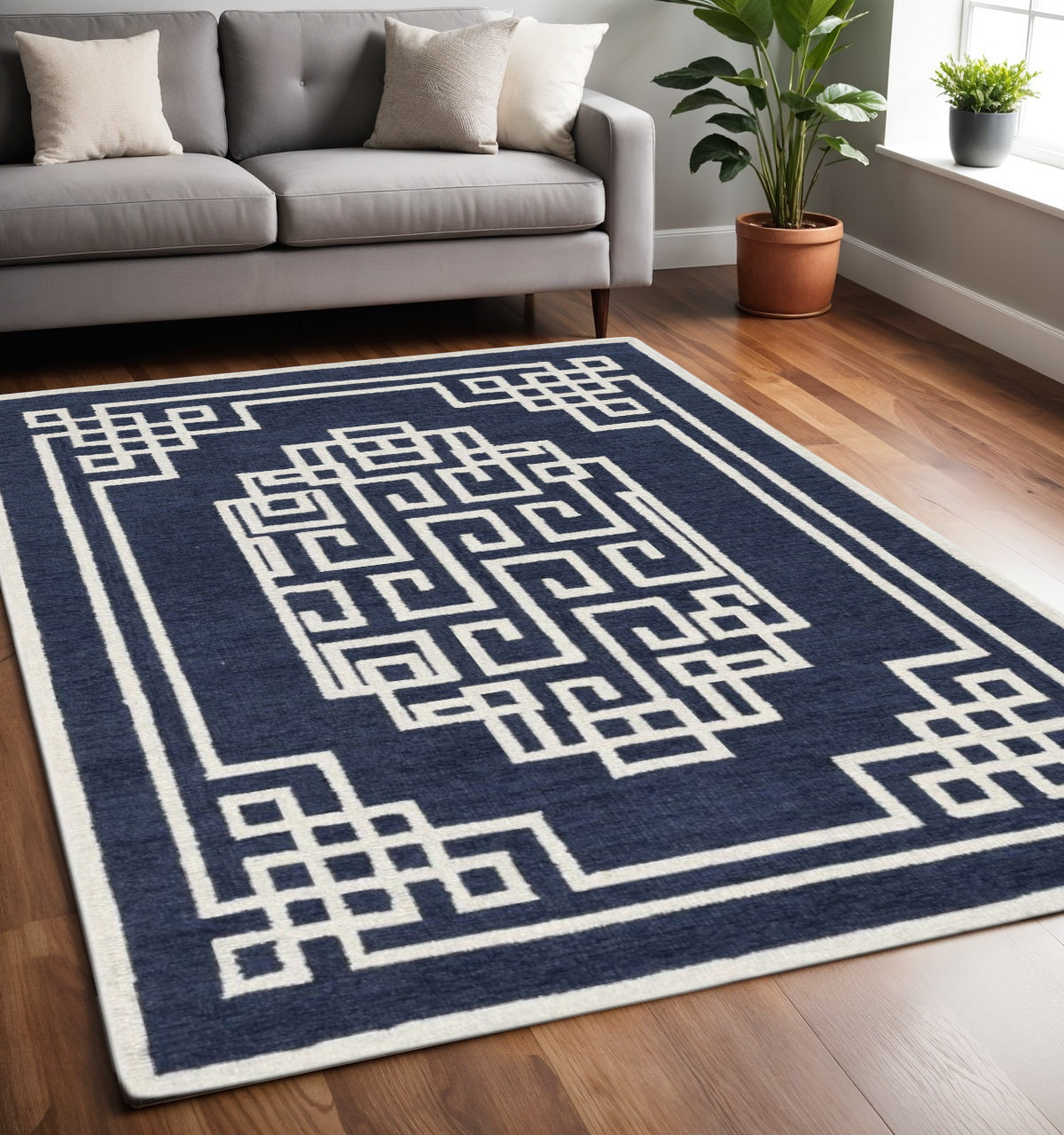 5' X 7' Navy Blue And Ivory Wool Geometric Hand Tufted Area Rug-Area Rugs-DECOROLALA
