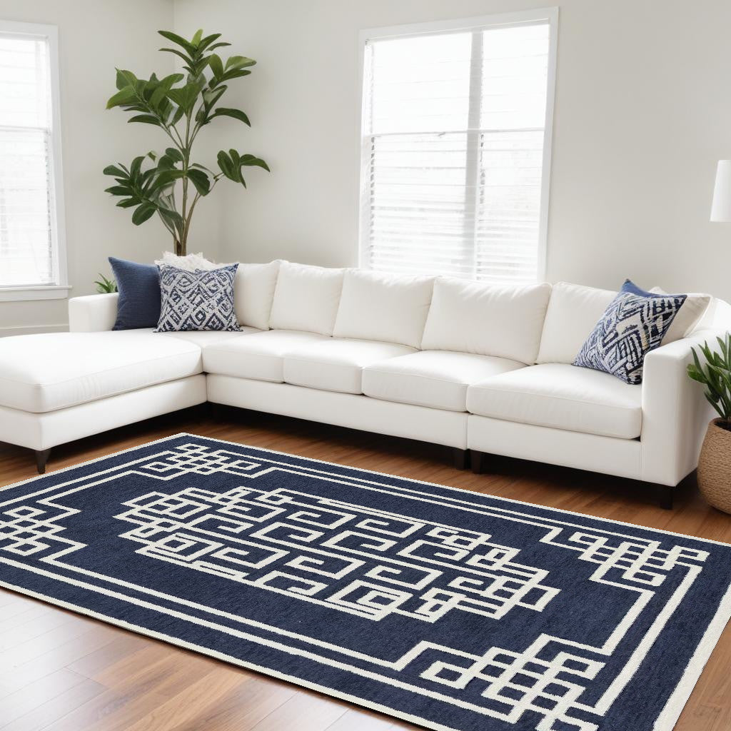 5' X 7' Navy Blue And Ivory Wool Geometric Hand Tufted Area Rug-Area Rugs-DECOROLALA
