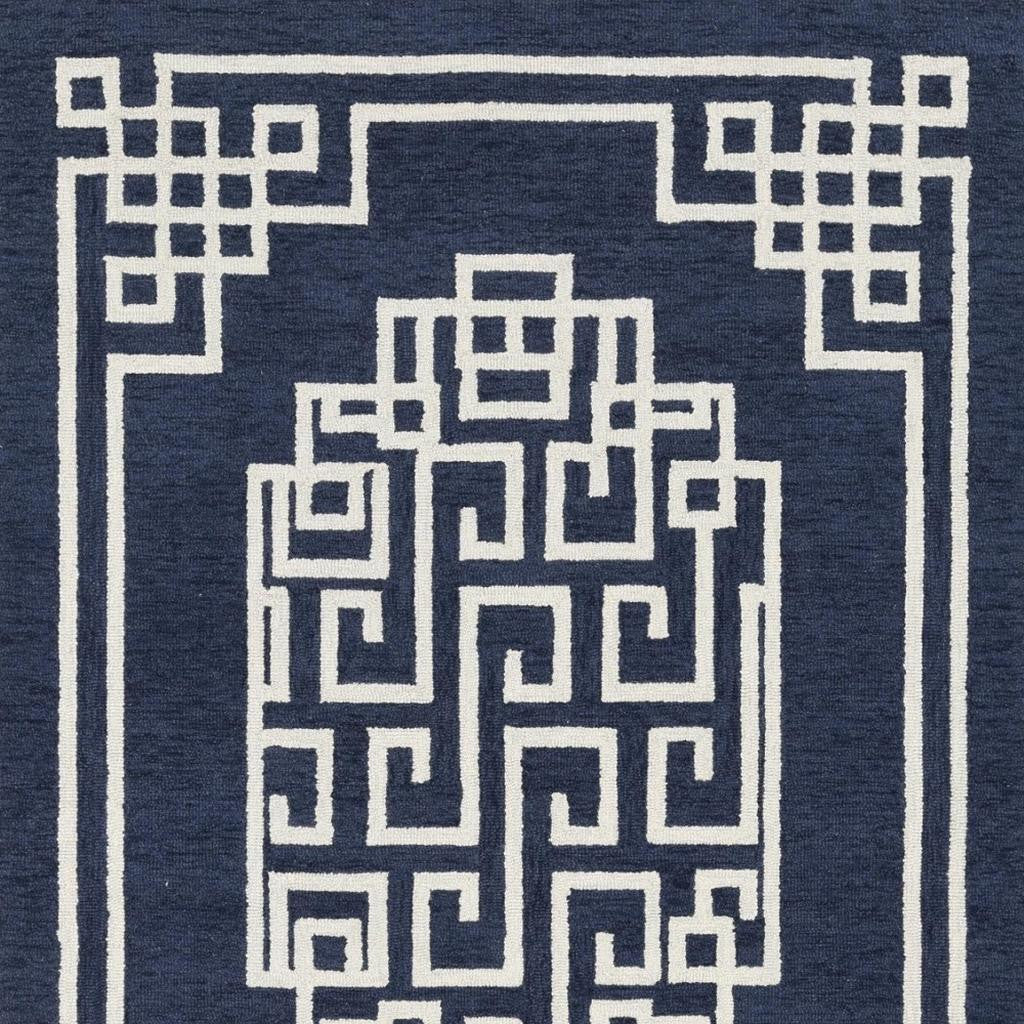 5' X 7' Navy Blue And Ivory Wool Geometric Hand Tufted Area Rug-Area Rugs-DECOROLALA